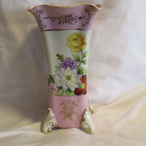 Vintage Noritake Wreath M Mark 4 Toed Vase Hand Painted Floral Pink & Gold J489 - Picture 1 of 10